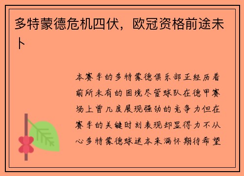 多特蒙德危机四伏，欧冠资格前途未卜